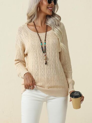 QUEZHU Women's Long Sleeve Sweater Tops Crew Neck Cable Knit Casual Pullover Shirt in Saudi Arabia