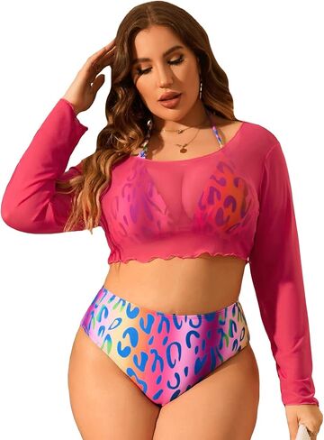 بدلة سباحة نسائية MakeMeChic مقاس كبير مكونة من 3 قطع من بيكيني بطباعة الفهد ومثلث عالي الخصر مع مجموعة تغطية in Kuwait