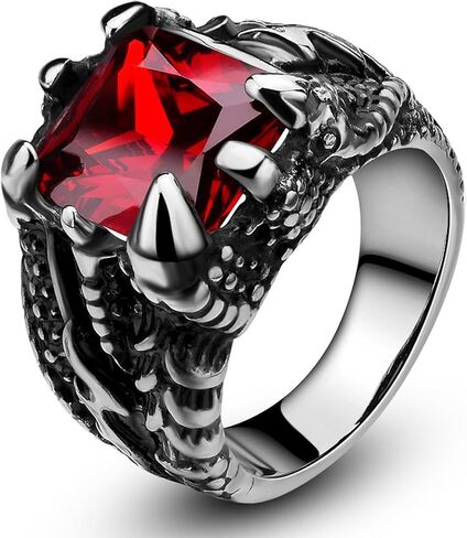 خاتم SOMEN TUNGSTEN للرجال من الفولاذ المقاوم للصدأ تصميم مخلب التنين القوطي بحجر أحمر مقاس 7-13 in Kuwait