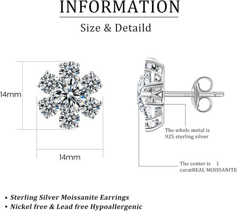أقراط Tunzug Moissanite الماسية 18 قيراط مطلية بالذهب الأبيض من الفضة الإسترليني أقراط مضادة للحساسية D اللون VVS1 واضحة ورائعة مستديرة القطع مختبر مكون من ترصيع عباد الشمس الماسي in Kuwait