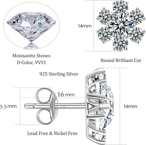 أقراط Tunzug Moissanite الماسية 18 قيراط مطلية بالذهب الأبيض من الفضة الإسترليني أقراط مضادة للحساسية D اللون VVS1 واضحة ورائعة مستديرة القطع مختبر مكون من ترصيع عباد الشمس الماسي in Kuwait
