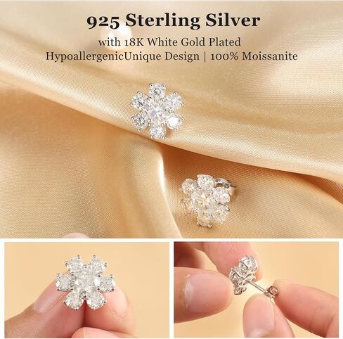 أقراط Tunzug Moissanite الماسية 18 قيراط مطلية بالذهب الأبيض من الفضة الإسترليني أقراط مضادة للحساسية D اللون VVS1 واضحة ورائعة مستديرة القطع مختبر مكون من ترصيع عباد الشمس الماسي in Kuwait