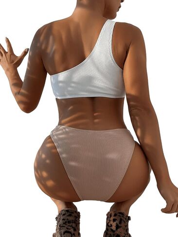 SweatyRocks Women's Two Piece Bathing Suit Color Block One Shoulder Ribbed Bikini Swimsuit in Kuwait