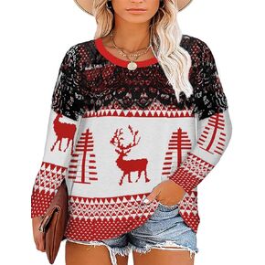 Plus Size Christmas Shirts Women Merry Xmas Tree Print T-Shirt Long Sleeve Plaid Splicing Tops(1X-5X)