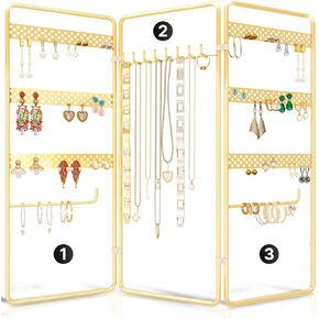 منظم مجوهرات معلق من 4 طبقات من المعدن الذهبي المقاوم للصدا مع 3 اطارات قابلة للطي - حامل قائم بذاته قابل للتعديل على سطح الطاولة للقلائد والاقراط والاساور والساعات من بينولدي in Kuwait