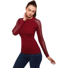 AmélieBoutik Women Crewneck Crochet Eyelet Trim Raglan Long Sleeve Sweater