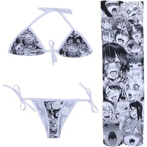 Quker Bean Lolita Japanese Manga Anime Ahego Face Micro Bikini Bra and Thong Set Thigh High Stockings Outfits