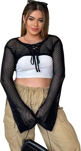 OYOANGLE Women's Plus Size Fishnet Mesh Pullover Lace Up Crewneck Long Sleeve Crop Top Sweatshirt in Saudi Arabia