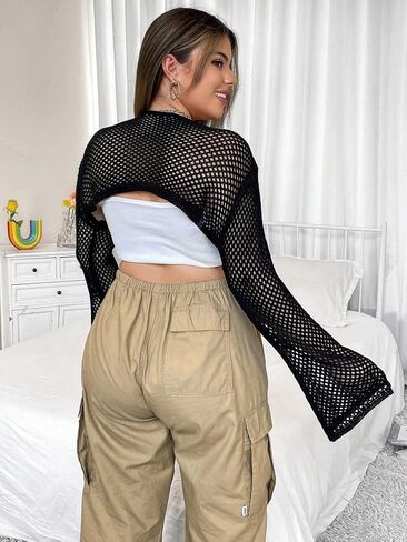 OYOANGLE Women's Plus Size Fishnet Mesh Pullover Lace Up Crewneck Long Sleeve Crop Top Sweatshirt in Saudi Arabia