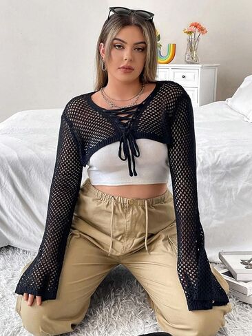 OYOANGLE Women's Plus Size Fishnet Mesh Pullover Lace Up Crewneck Long Sleeve Crop Top Sweatshirt in Saudi Arabia
