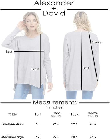 Alexander + David Womens Casual Oversized Crewneck Pullover Boyfriend Sweater Lightweight with Hi-Low in Kuwait