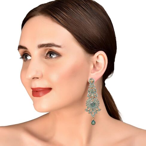 أقراط Touchstone "Hollywood Glamour Oscar Collection" أقراط ثريا طويلة جدًا بتصميم بيزلي هندي مصمم مجوهرات الزفاف باللون الذهبي العتيق أو اللون الأبيض للنساء. in Kuwait