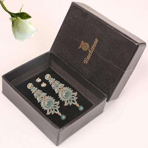 أقراط Touchstone "Hollywood Glamour Oscar Collection" أقراط ثريا طويلة جدًا بتصميم بيزلي هندي مصمم مجوهرات الزفاف باللون الذهبي العتيق أو اللون الأبيض للنساء. in Kuwait