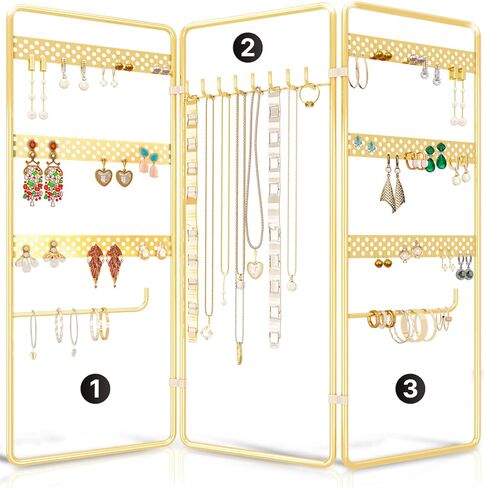 منظم مجوهرات معلق من 4 طبقات من المعدن الذهبي المقاوم للصدا مع 3 اطارات قابلة للطي - حامل قائم بذاته قابل للتعديل على سطح الطاولة للقلائد والاقراط والاساور والساعات من بينولدي in Kuwait