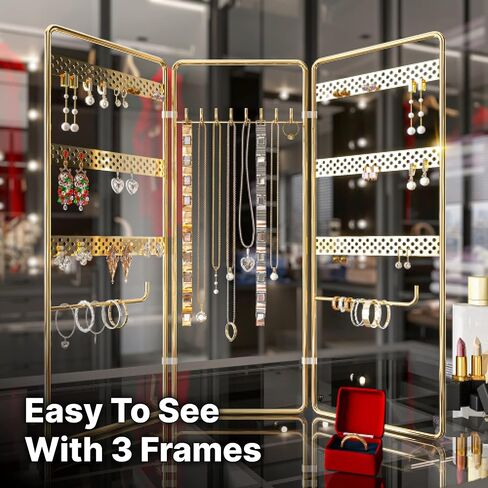 منظم مجوهرات معلق من 4 طبقات من المعدن الذهبي المقاوم للصدا مع 3 اطارات قابلة للطي - حامل قائم بذاته قابل للتعديل على سطح الطاولة للقلائد والاقراط والاساور والساعات من بينولدي in Kuwait