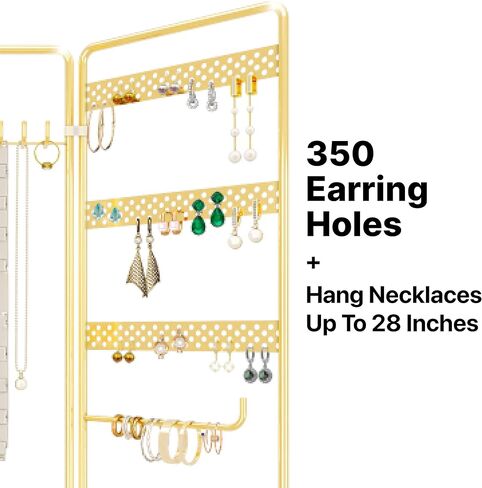 منظم مجوهرات معلق من 4 طبقات من المعدن الذهبي المقاوم للصدا مع 3 اطارات قابلة للطي - حامل قائم بذاته قابل للتعديل على سطح الطاولة للقلائد والاقراط والاساور والساعات من بينولدي in Kuwait