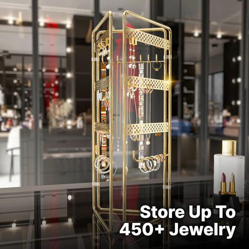 منظم مجوهرات معلق من 4 طبقات من المعدن الذهبي المقاوم للصدا مع 3 اطارات قابلة للطي - حامل قائم بذاته قابل للتعديل على سطح الطاولة للقلائد والاقراط والاساور والساعات من بينولدي in Kuwait