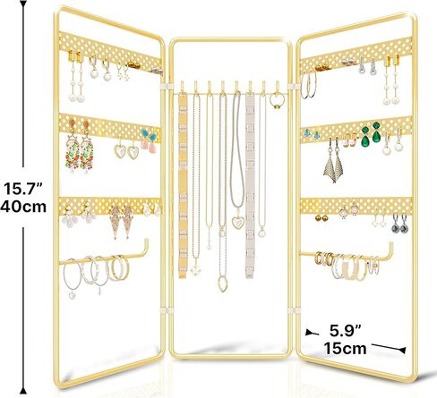 منظم مجوهرات معلق من 4 طبقات من المعدن الذهبي المقاوم للصدا مع 3 اطارات قابلة للطي - حامل قائم بذاته قابل للتعديل على سطح الطاولة للقلائد والاقراط والاساور والساعات من بينولدي in Kuwait