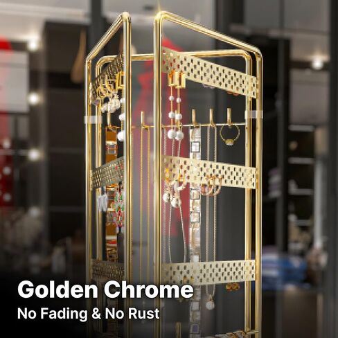 منظم مجوهرات معلق من 4 طبقات من المعدن الذهبي المقاوم للصدا مع 3 اطارات قابلة للطي - حامل قائم بذاته قابل للتعديل على سطح الطاولة للقلائد والاقراط والاساور والساعات من بينولدي in Kuwait