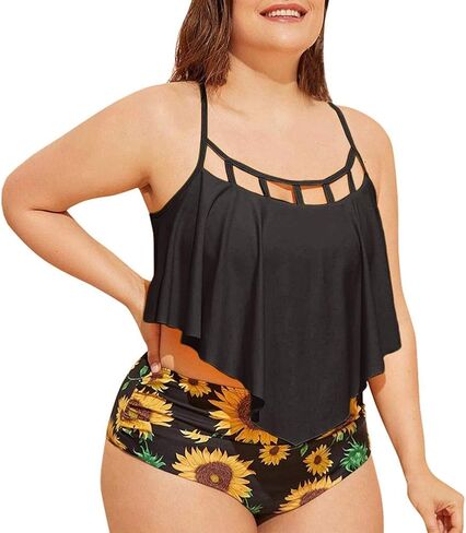 ABOCIW Women's Sunflower Bikini Swimsuit Ruffle Top High Waisted Bottom Two Piece Tankini Bathing Suits Plus Size in Saudi Arabia
