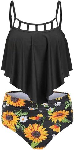 ABOCIW Women's Sunflower Bikini Swimsuit Ruffle Top High Waisted Bottom Two Piece Tankini Bathing Suits Plus Size in Saudi Arabia