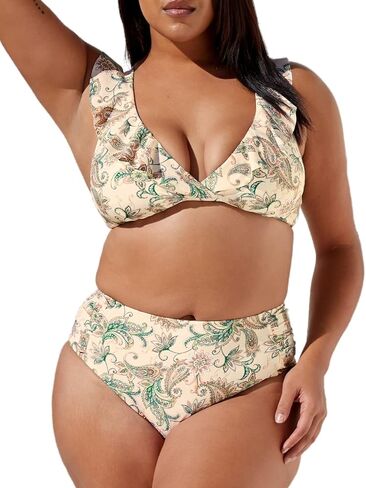 CUPSHE Women Swimsuit Plus Size Bikini Set High Waisted Ruffle V Neck Self Tie Bathing Suit in Paisley Print in Saudi Arabia