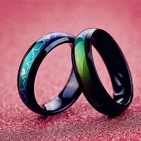 JEYKAY Color Changing Titanium/Stainless Steel Mood Ring, EKG w/Hearts Design, Gift Box Included. in Saudi Arabia