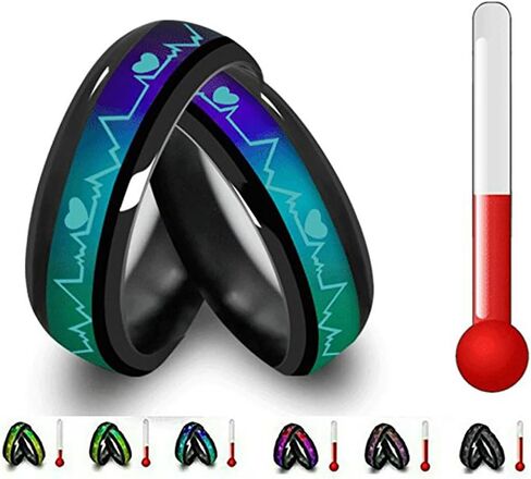 JEYKAY Color Changing Titanium/Stainless Steel Mood Ring, EKG w/Hearts Design, Gift Box Included. in Saudi Arabia