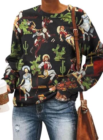 MHTOR Cowgirl Cactus Pullover Long Sleeve Sweatshirt Women Cowgirl Retro Western Southern Pullover Casual Long Sleeve Shirts in Saudi Arabia