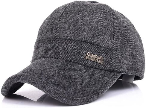 YAKER Men's Winter Warm Woolen Peaked Baseball Cap Hat with Earmuffs Metal Buckle in Kuwait