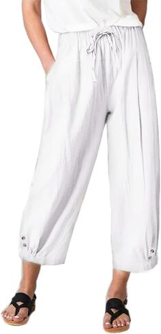 Amlztr Womens High Waist Casual Wide Leg Loose Linen Trouser Capri Wide Leg Cropped Pants with Drawstring in Kuwait