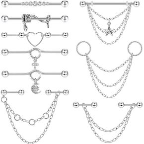Longbeauty 14G Industrial Barbell Earrings with Chain Surgical Steel Dangle Industrial Bar Piercing Jewelry Cartilage Helix Industrial Earrings for Women Men in Saudi Arabia