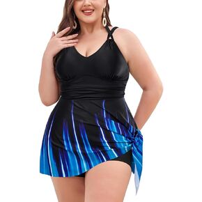 Hanna Nikole Women Plus Size Two Piece Tankini Swimdress V Neck Halter Floral Asymmetrical Hem Skirted Swimsuit with Boyshort