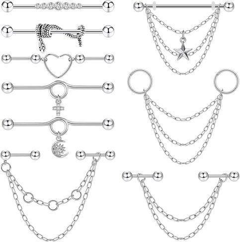 Longbeauty 14G Industrial Barbell Earrings with Chain Surgical Steel Dangle Industrial Bar Piercing Jewelry Cartilage Helix Industrial Earrings for Women Men in Saudi Arabia