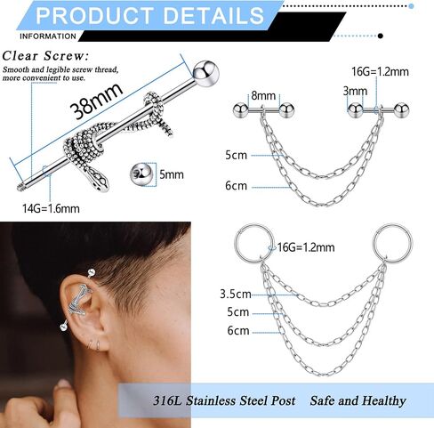 Longbeauty 14G Industrial Barbell Earrings with Chain Surgical Steel Dangle Industrial Bar Piercing Jewelry Cartilage Helix Industrial Earrings for Women Men in Saudi Arabia