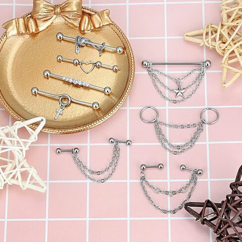 Longbeauty 14G Industrial Barbell Earrings with Chain Surgical Steel Dangle Industrial Bar Piercing Jewelry Cartilage Helix Industrial Earrings for Women Men in Saudi Arabia