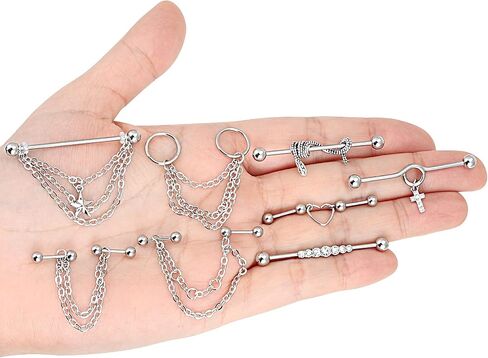 Longbeauty 14G Industrial Barbell Earrings with Chain Surgical Steel Dangle Industrial Bar Piercing Jewelry Cartilage Helix Industrial Earrings for Women Men in Saudi Arabia