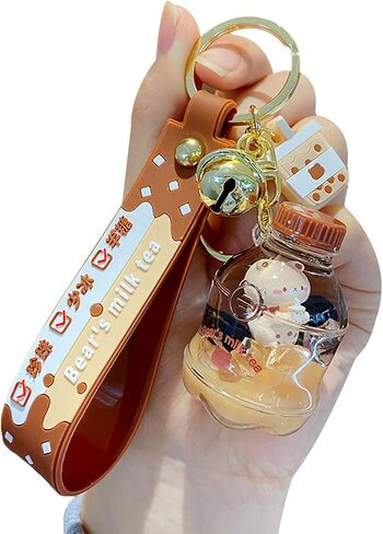 HSYHERE Men Women Creative Interesting Floating Milk Tea Brown Bear Lucky Bottle Keychain Keyrings in Kuwait