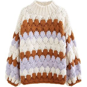 CHICWISH Women's Cream/Smoke Color Blocked Puff Sleeves V-Neck Hand-Knit Chunky Cardigan