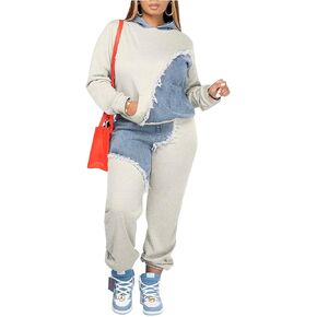 طقم بدلة رياضية كاجوال من قطعتين للنساء من اينوبينك من قماش الدينيم باكمام طويلة وسروال بغطاء للراس وجيوب in Kuwait