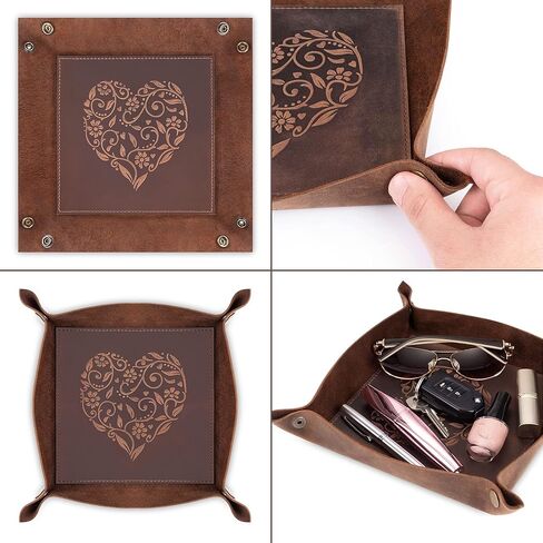 مونستر® صينية مفاتيح جلدية وصينية حلي، منظم مجوهرات من الجلد المحبب بالكامل، صينية مفاتيح مزخرفة منقوشة على شكل قلب، وعاء مفاتيح للممرات، هدايا جلدية للأصدقاء للنساء in Kuwait