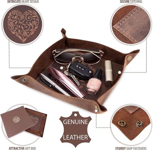مونستر® صينية مفاتيح جلدية وصينية حلي، منظم مجوهرات من الجلد المحبب بالكامل، صينية مفاتيح مزخرفة منقوشة على شكل قلب، وعاء مفاتيح للممرات، هدايا جلدية للأصدقاء للنساء in Kuwait