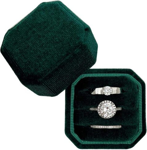 صندوق خاتم Beatilog لحفلات الزفاف - مثمن 3 فتحات حامل خاتم مخملي ممتاز مصنوع يدويًا من ثلاث حلقات حامل مجوهرات منظم للاقتراح، والخطوبة، وعيد الميلاد، والتصوير الفوتوغرافي (الزمرد) in Kuwait