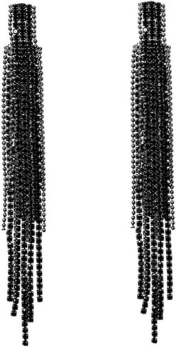 Black Rhinestone Long Tassel Earrings for women.Crystal Chandelier Fringe Drop Earrings Zircon Strand Earrings Fashion Jewelry Gifts for Female in Kuwait