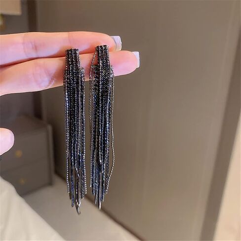 Black Rhinestone Long Tassel Earrings for women.Crystal Chandelier Fringe Drop Earrings Zircon Strand Earrings Fashion Jewelry Gifts for Female in Kuwait