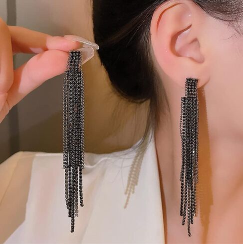 Black Rhinestone Long Tassel Earrings for women.Crystal Chandelier Fringe Drop Earrings Zircon Strand Earrings Fashion Jewelry Gifts for Female in Kuwait