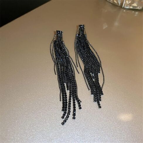Black Rhinestone Long Tassel Earrings for women.Crystal Chandelier Fringe Drop Earrings Zircon Strand Earrings Fashion Jewelry Gifts for Female in Kuwait