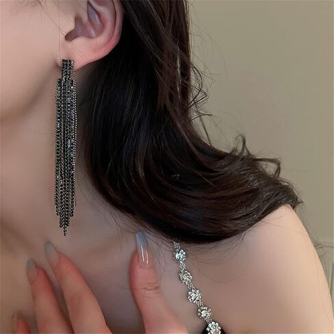 Black Rhinestone Long Tassel Earrings for women.Crystal Chandelier Fringe Drop Earrings Zircon Strand Earrings Fashion Jewelry Gifts for Female in Kuwait