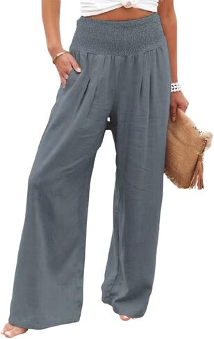 sysinside Leyoutx Womens Cotton Linen Pants Wide Leg High Waist Long Palazzo Trousers with Pocket in Kuwait