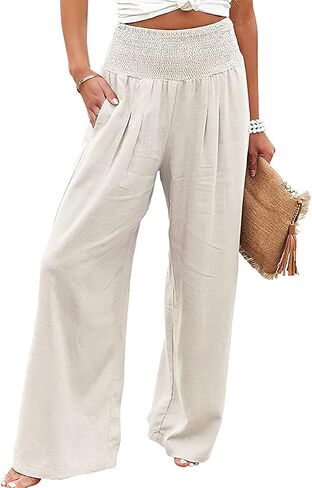sysinside Leyoutx Womens Cotton Linen Pants Wide Leg High Waist Long Palazzo Trousers with Pocket in Kuwait
